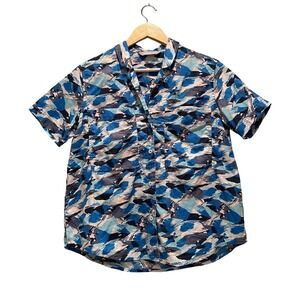Stio Women's Blue Marion Print‎ Camo Button Up Short Sleeve Camp Shirt Medium